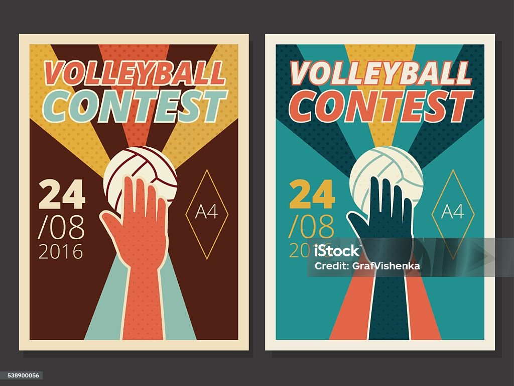 Set of volleyball game vector poster and flyer design Set of volleyball game vector poster and flyer design in A4 size, in retro style with hand and ball, contest or tournament background Volleyball - Ball stock vector