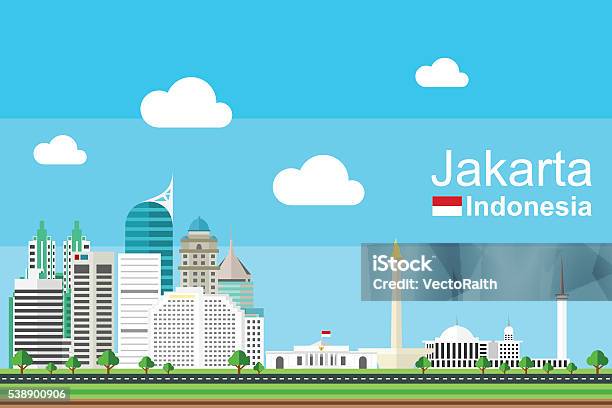 Flat Jakarta Cityscape Stock Illustration - Download Image Now - Jakarta, Cityscape, Blue