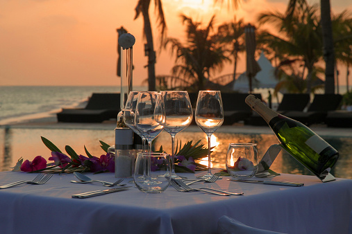 Romantic Beach Dinner by the Infinity Pool in Sunset Scenery, this lovely table was set in a luxury Maldivian Resort