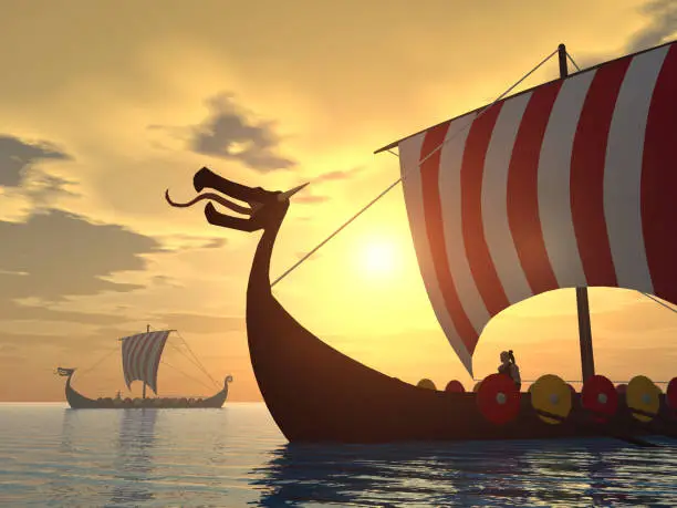 Computer generated 3D illustration with Viking ships