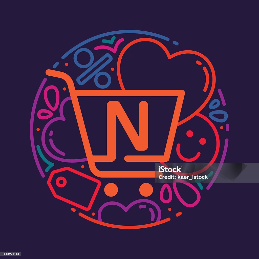 N Letter Icon With Shopping Cart Icon Hearts And Smile Stock ...