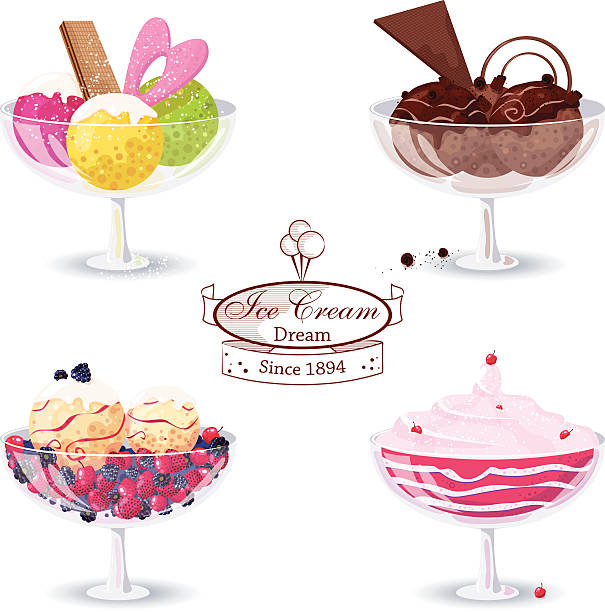 Ice cream in glass bowls vector art illustration