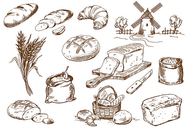 illustrazioni stock, clip art, cartoni animati e icone di tendenza di set di pane - farina illustrazioni