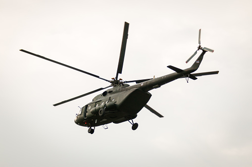 Bangkok, Thailand - February 20, 2015: Army Mi-171 helicopter flying from bases to send soldiers into combat operations in Bangkok, Thailand on February 20,2015