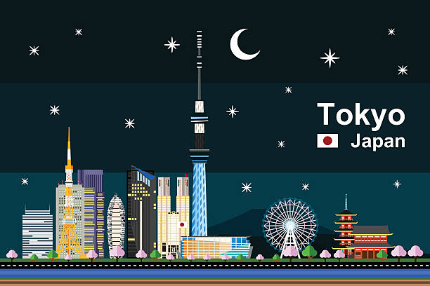 płaskie tokio miasto nocą - roppongi stock illustrations