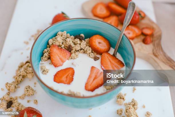 Fresh Strawberries Yogurt And Homemade Granola For Healthy Breakfast Stock Photo - Download Image Now