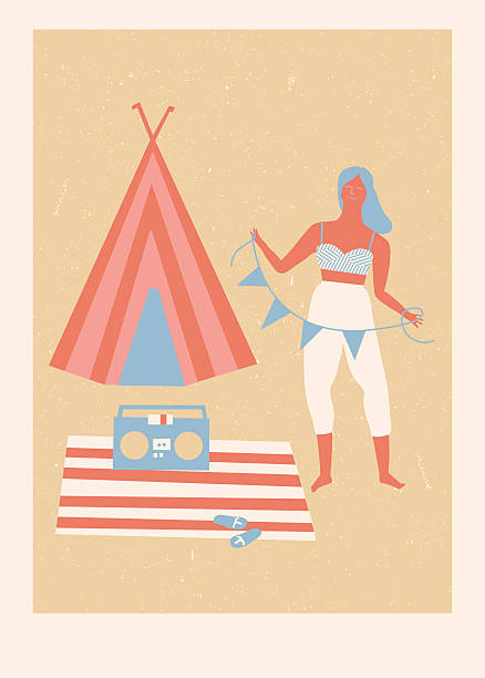 illustrations, cliparts, dessins animés et icônes de affiche de camp de d'été sur la plage - woman taking radio vintage