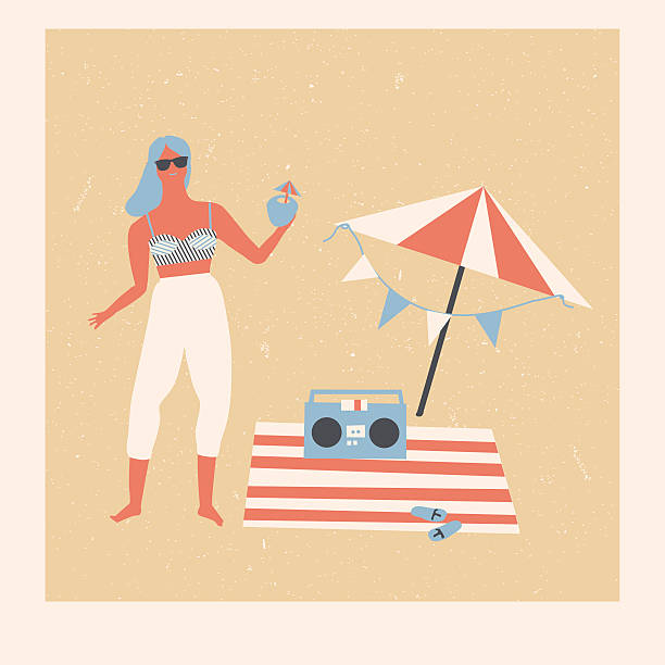 illustrations, cliparts, dessins animés et icônes de été fête de plage pique-nique à baldaquin - woman taking radio vintage