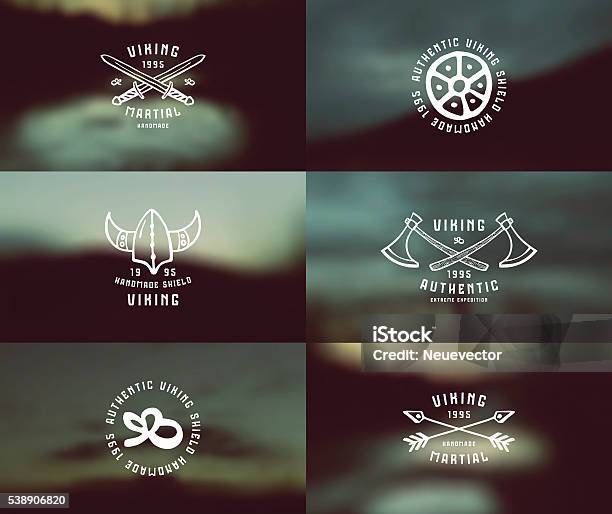 Viking Emblems In Handdrawn Style And Blurred Background Landsc Stock Illustration - Download Image Now