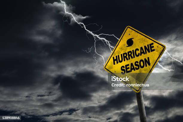 Hurricane Season Sign With Stormy Background Stock Photo - Download Image Now - Hurricane - Storm, Preparation, Storm