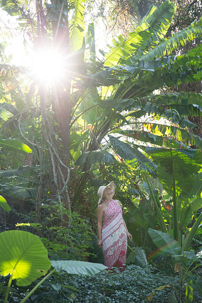 istock Woman with hat pauses in jungle, with sun streaming 538914233