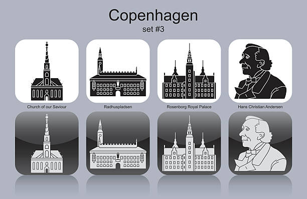 Icons of Copenhagen Landmarks of Copenhagen. Set of monochrome icons. Editable vector illustration. hans christian andersen stock illustrations