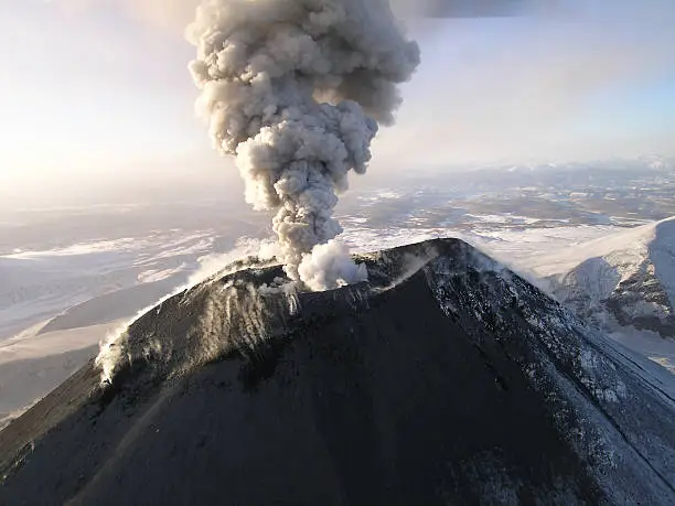 Karymskii volcano in Kamchatka with a bird's-eye view