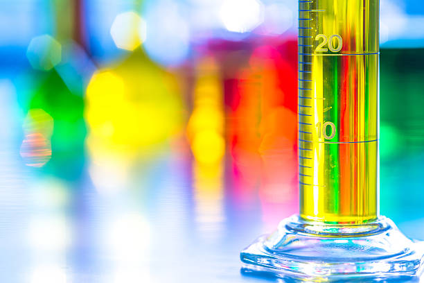 laboratory glassware with color liquid stock photo