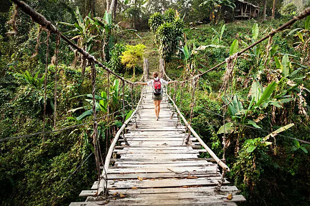 Photo of Single woman with backpack on suspension bridge in rainforest