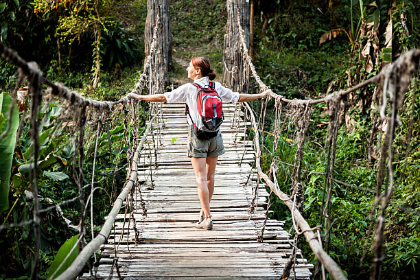 istock Woman with backpack on suspension bridge in rainforest 538916679
