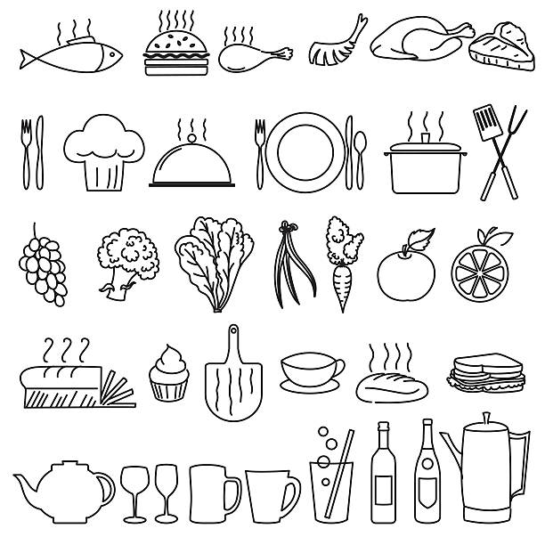 ilustraciones, imágenes clip art, dibujos animados e iconos de stock de thin line arte restaurante y los iconos de la industria alimentaria - turkey sandwich illustrations
