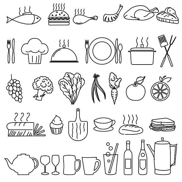 ilustrações de stock, clip art, desenhos animados e ícones de linha fina de ícones de restaurante e a indústria alimentar - restaurant food food and drink industry food service occupation