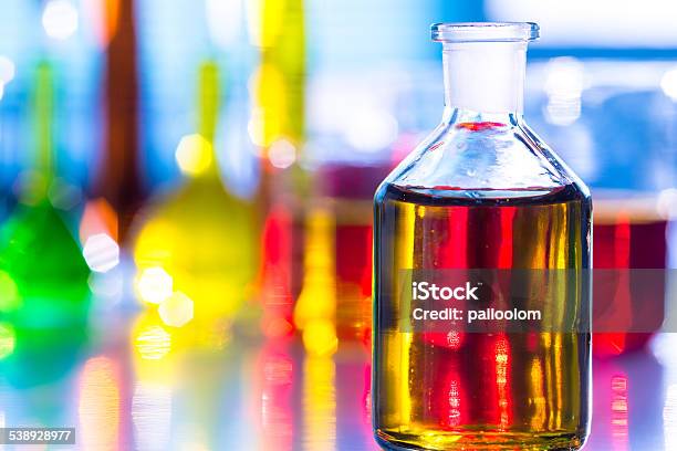 Laboratory Glassware With Color Liquid Stock Photo - Download Image Now - 2015, Analyzing, Beaker