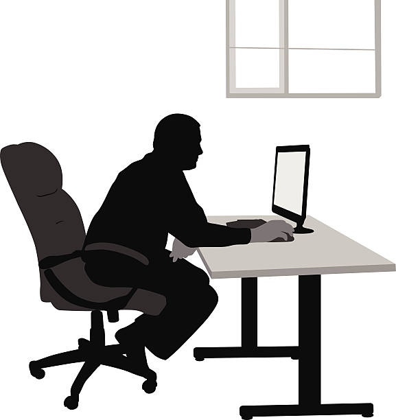 Raiding A middle aged man works on his computer. working at home study desk silhouette stock illustrations