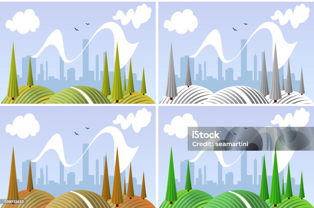 Landscape in four seasons Vector illustration of a landscape with a forest and mountains showing the four different seasons - spring, summer, autumn or fall and winter 2015 stock vector