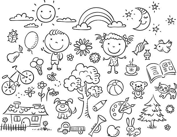 doodle набор черный и белый - childs drawing stock illustrations