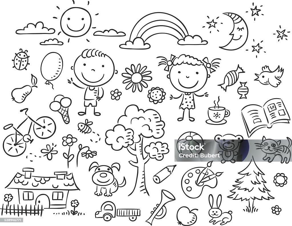 Black and white doodle set Doodle set of objects from a child's life, black and white outline. Child stock vector