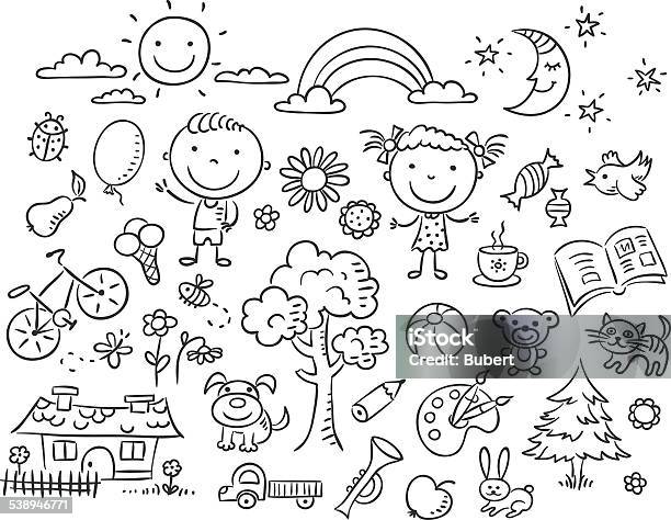 Black And White Doodle Set Stock Illustration - Download Image Now - Child, Drawing - Activity, Drawing - Art Product