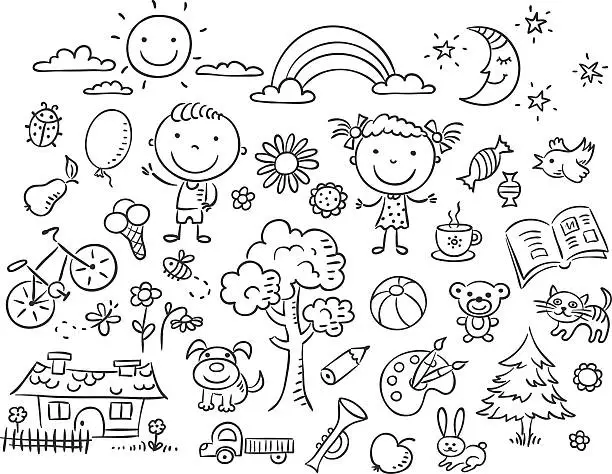 Vector illustration of Black and white doodle set
