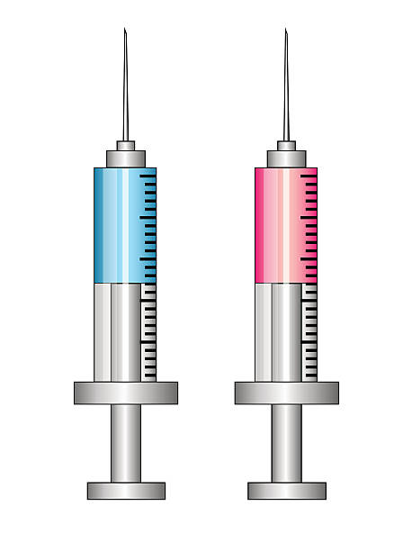 ilustraciones, imágenes clip art, dibujos animados e iconos de stock de jeringa con rojo y azul líquido, - surgical needle syringe prick injecting