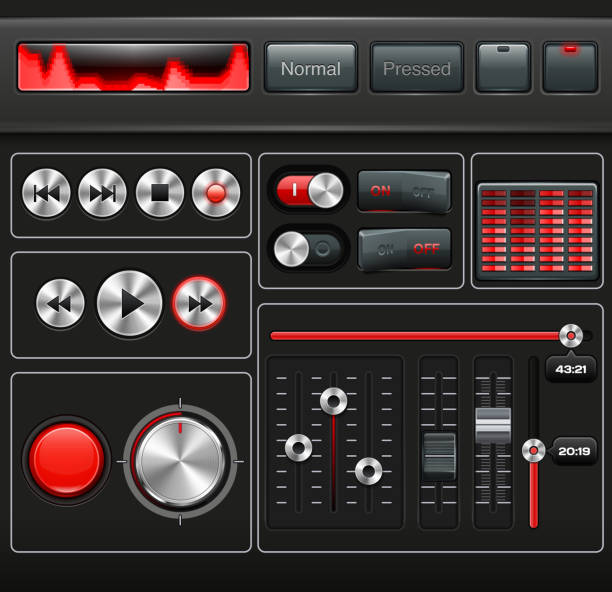 ilustraciones, imágenes clip art, dibujos animados e iconos de stock de vector de medios de comunicación de interfaz de usuario - sliding control panel control playing