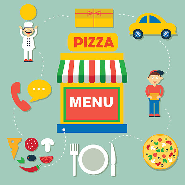 bildbanksillustrationer, clip art samt tecknat material och ikoner med set of flat vector icons for pizza online order - illustrationer med truck