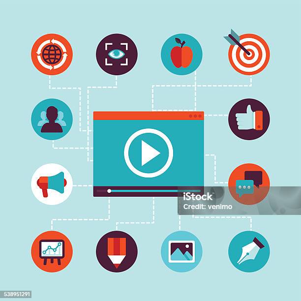 Vector Video Marketing Concept In Flat Style Stock Illustration - Download Image Now - 2015, Arts Culture and Entertainment, Broadcasting