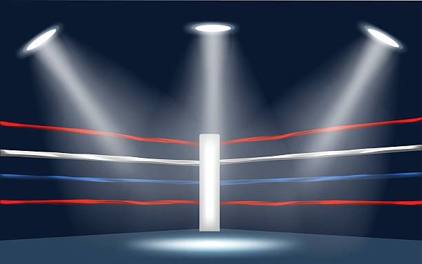 vector of boxing ring corner. vector of boxing ring corner surrounded by spotlight on the dark background. wrestling stock illustrations