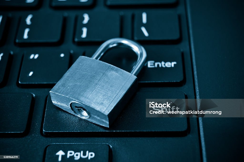 computer security metal security lock on computer keyboard - security concept in computer 2015 Stock Photo