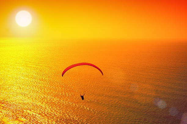 istock Silhouette of paraglider soaring over sea at sunset 538968099