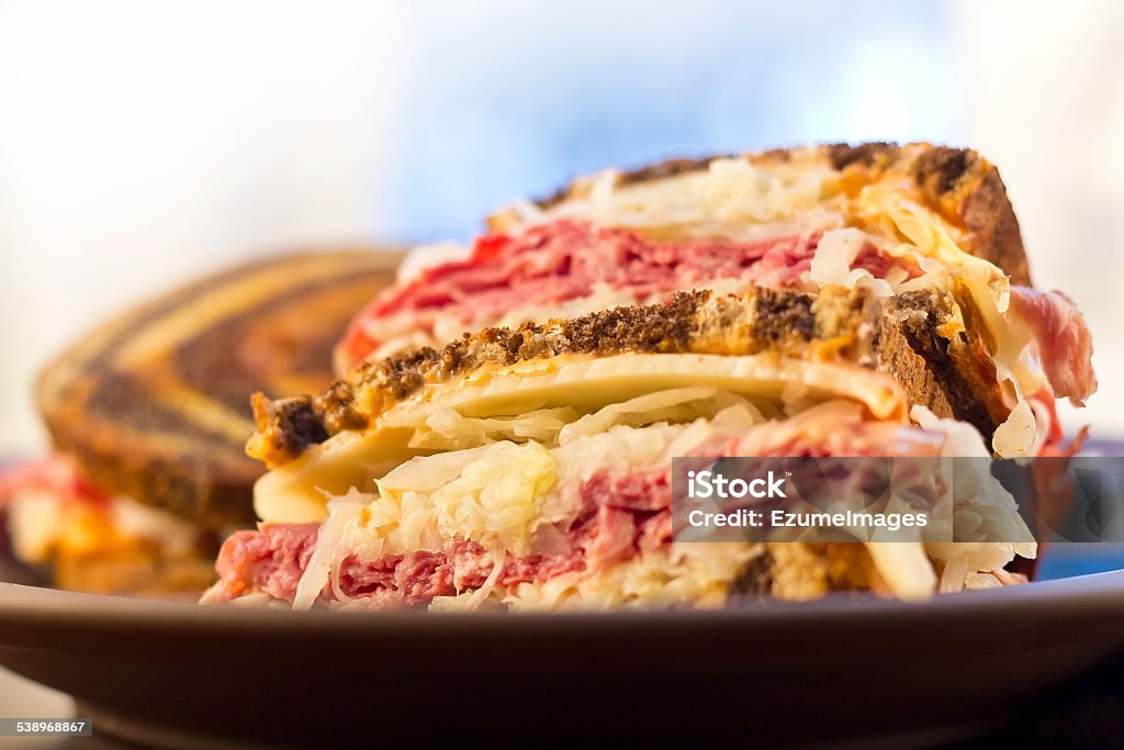 Reuben Chips Pickle Famous New York Reuben corned beef sanwich with chips and a pickle Reuben Sandwich Stock Photo