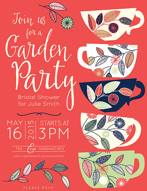 illustrazioni stock, clip art, cartoni animati e icone di tendenza di giardino di doccia invito modello di tè - tea party illustrations