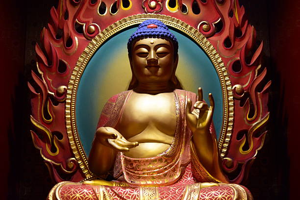 Head of a tibetan statue of the historic Buddha- Siddartha Gautama- or as often described as Buddha ShakyamuniGolden copy space.
