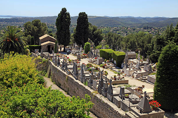 Saint Paul de Vence, France - May 12, 2013: Rural landscape and old cemetery with Marc Chagall tomb in Saint Paul de Vence, Provence, France.