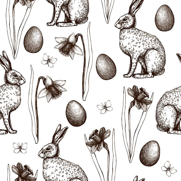 векторный фон с кроликом и narcissus цветы эскиз. - floral pattern butterfly easter easter egg stock illustrations