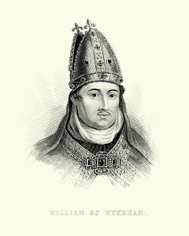 Vintage engraving of William of Wykeham 1320 or 1324  to 27 September 1404, was Bishop of Winchester and Chancellor of England. He founded New College Oxford and New College School in 1379, and founded Winchester College in 1382.