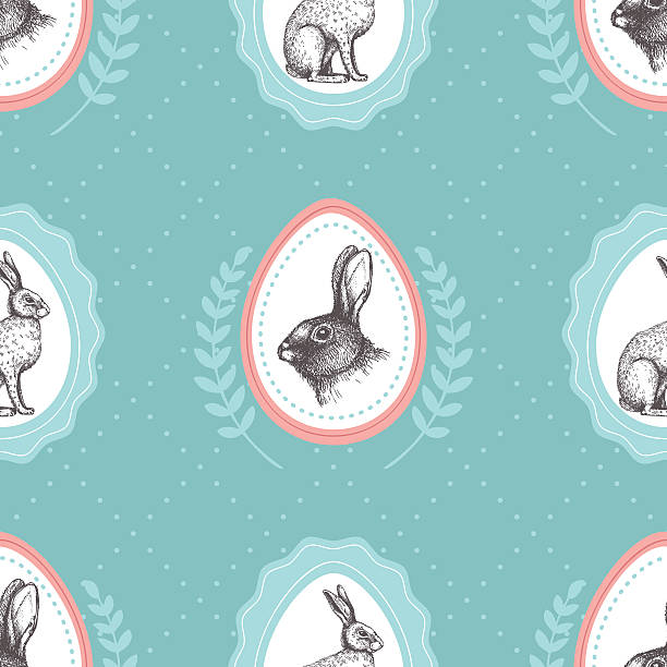 nahtlose vintage muster mit tinte hand drawn hare illustrationen - engraving eggs engraved image old fashioned stock-grafiken, -clipart, -cartoons und -symbole