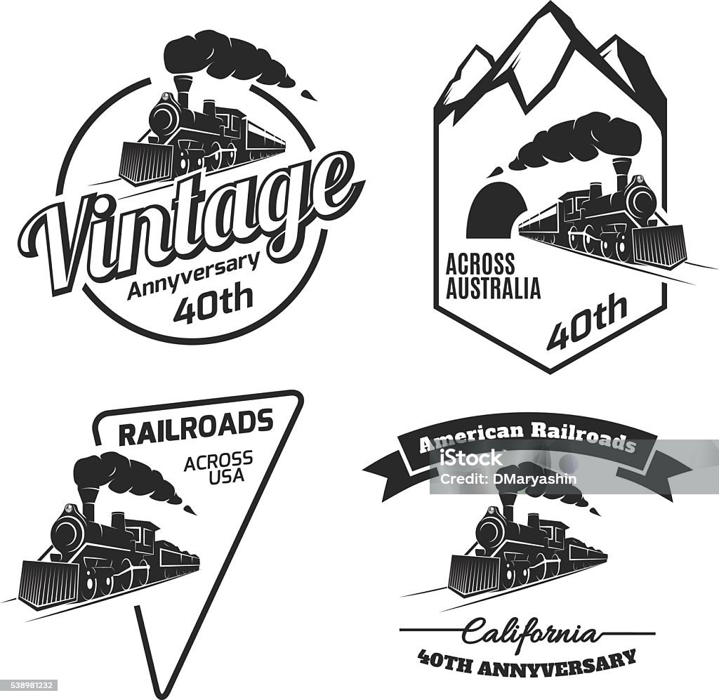 Set of retro train emblems and icons. Set of retro train emblems and icons isolated on white background. Vintage locomotive label collection. Railroad labels. Steam Train stock vector