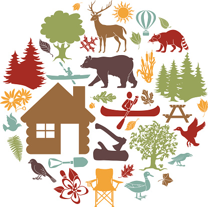 A vector illustration of colored icons with a cabin in the woods theme arranged in a circular shape. Icons included in this design are a log cabin, black bear, stag, racoon, flying duck, crow, standing duck, picnic table, shovel, axe, camping chair, tree, pine tree, kayaker, canoe, hot air balloon, sun, and various leaves and plants.
