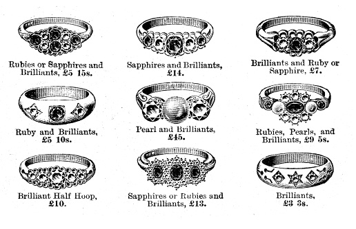 Vintage engraving of victorian jewellery rings. 1900