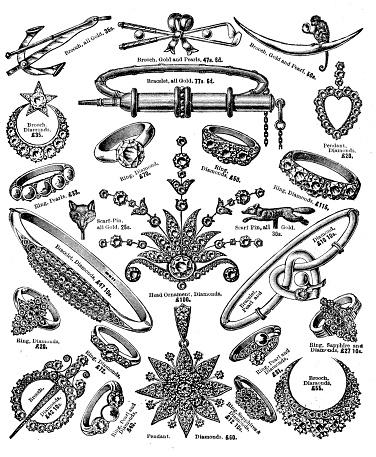 Vintage engraving of victorian jewellery, brooch, bracelets, rings and diamonds . 1900