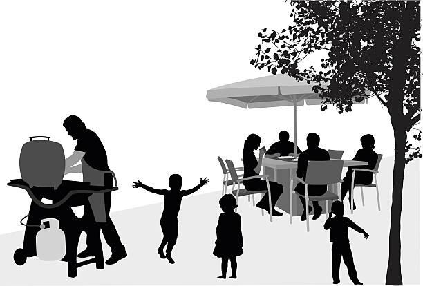 Family Reunion Barbecue A vector silhouette illustration of a backyard barbeque with a family gathered at a patio table under an umbrella with a father tending to the grill. Children play in the yard. black family reunion stock illustrations