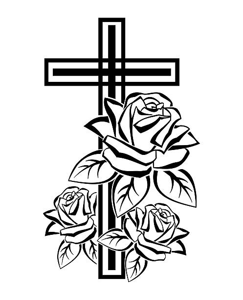 crucifix with roses vector art illustration