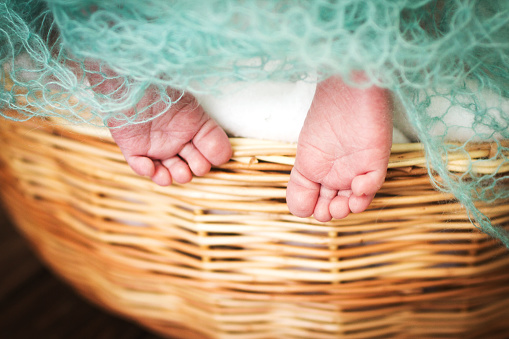 newborn baby feet. kids legs in the wicker basket